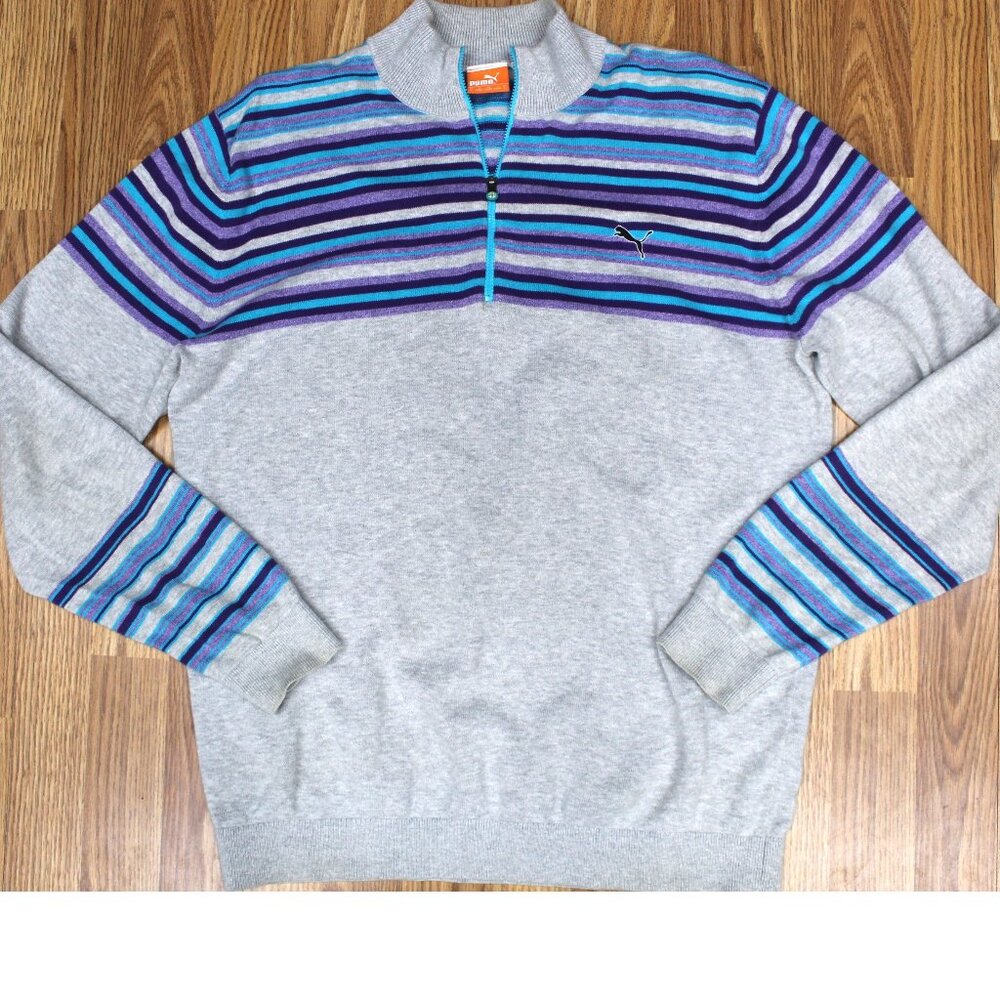 PUMA COTTON 1/4 ZIP SWEATER GRAY, PURPLE & TURQUOISE Sz LARGE, L - Picture 2 of 5